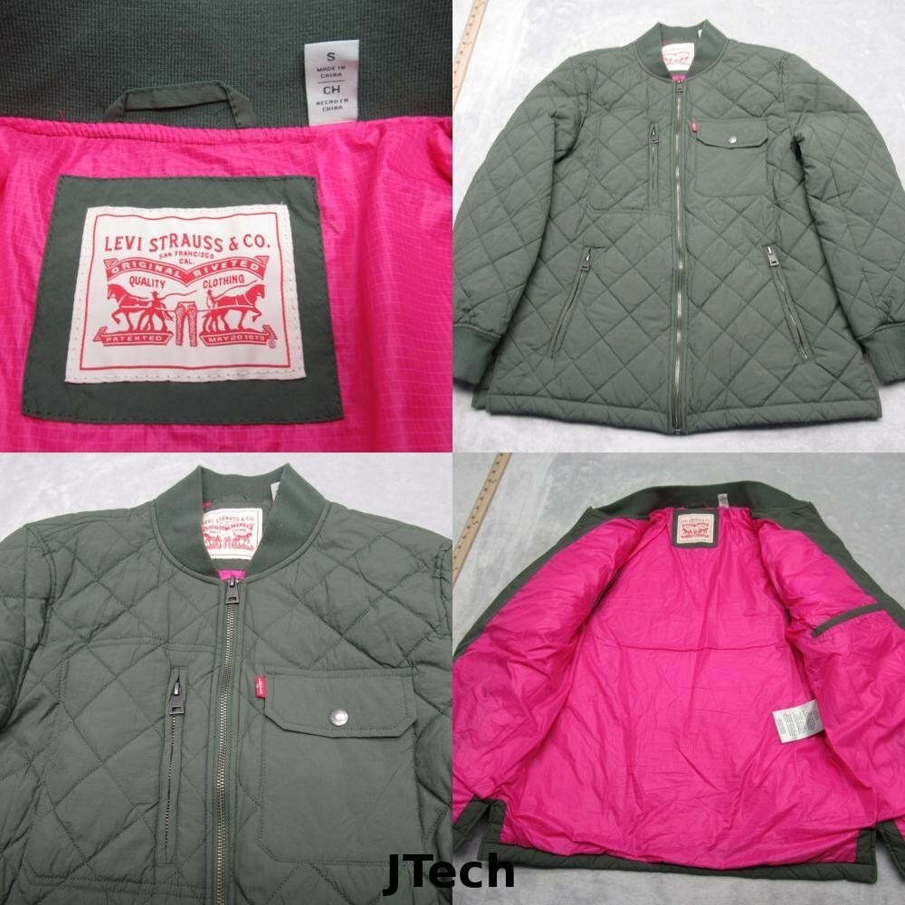 Levis Jacket Women Small Green Lined Zip Pockets Quilt Full Zip Puff Insulated